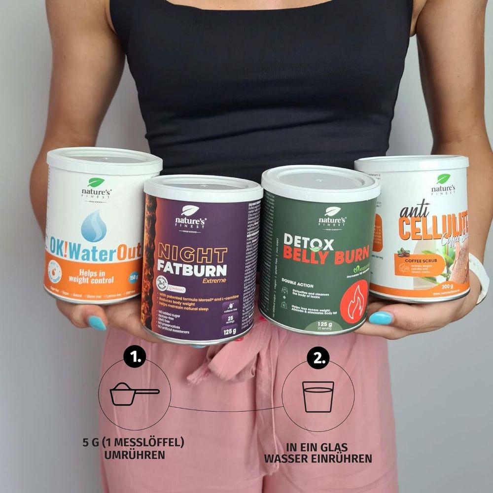 Person hält vier Dosen Nature's Finest Bikini Body. Aufschrift: OK! Water Out, Night Fatburn, Detox Belly Burn, Anti Cellulite. Anweisungen.