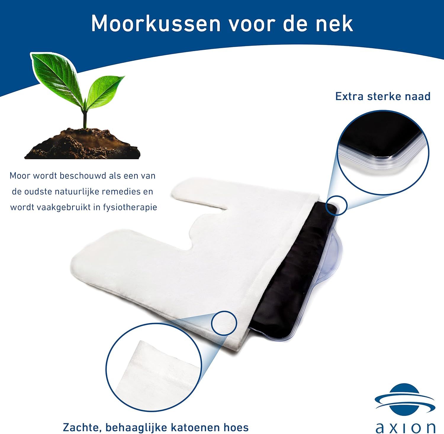 Nekkussen met witte katoenen hoes en zwart binnenkussen. Tekst: 'Zachte, behaaglijke katoenen hoes'. Logo: axion.