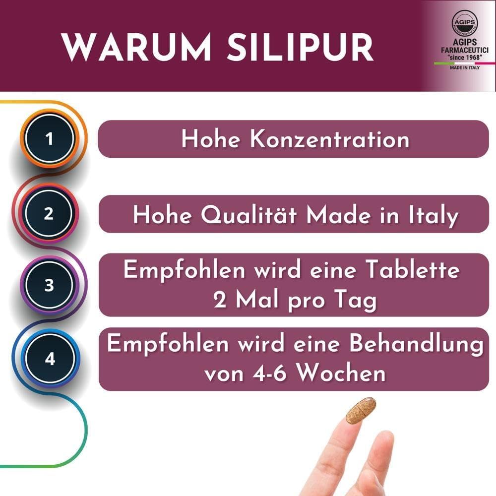 Infografik: Warum Silipur. 4 Punkte: Hohe Konzentration, Hohe Qualität Made in Italy, 1 Tablette 2x täglich, Behandlung 4-6 Wochen. Finger.