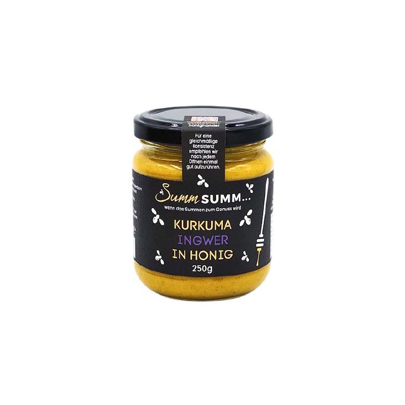 Glas mit schwarzem Etikett. Aufschrift: Summ SUMM... Kurkuma Ingwer in Honig. 250g.