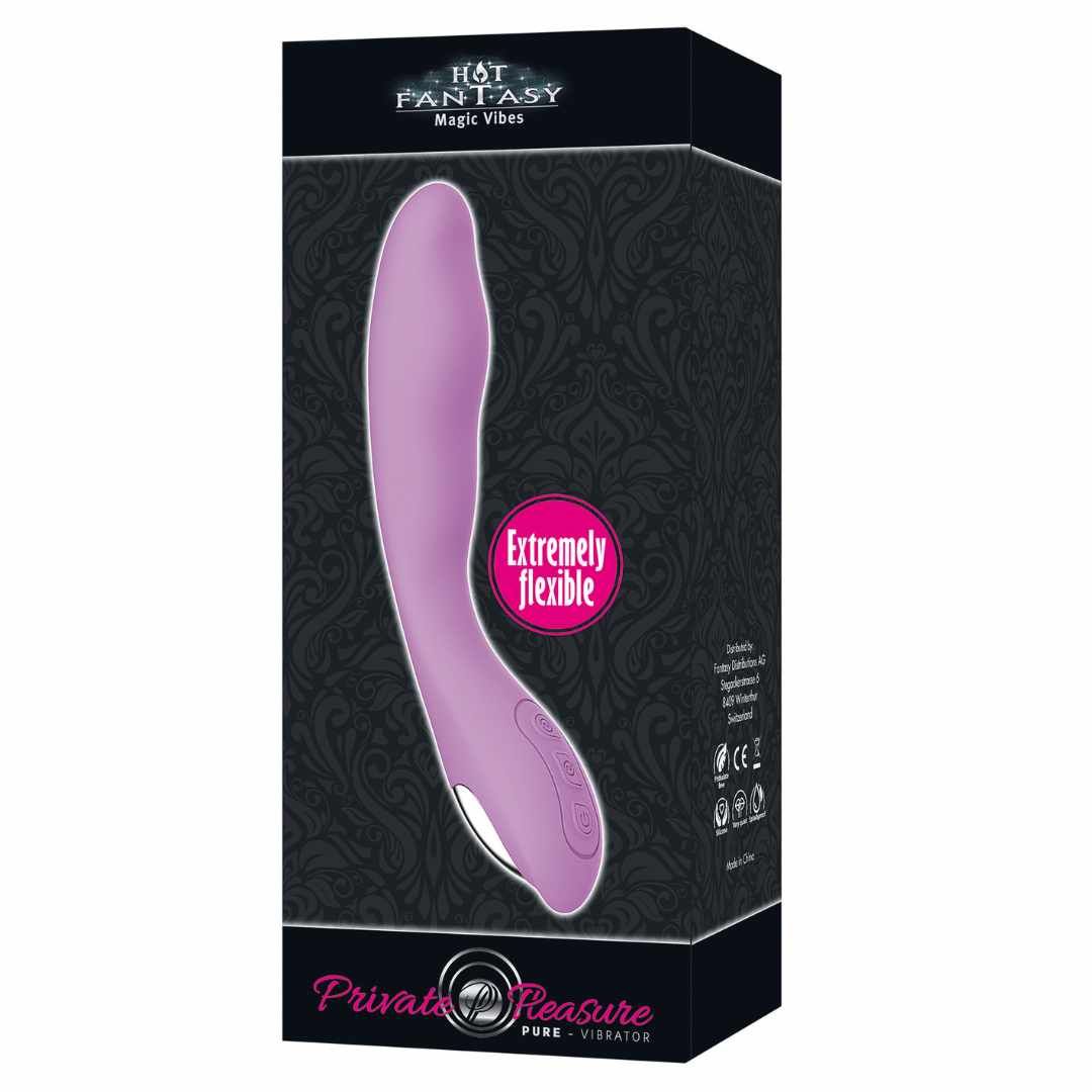 Verpackung mit lila Vibrator-Abbildung. Text: Hot Fantasy, Private Pleasure, Vibrator. Aufschrift: Extremely flexible.
