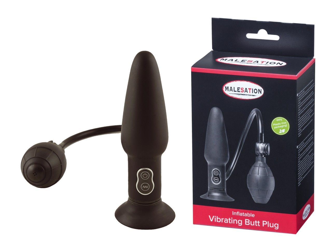 Schwarzer, aufblasbarer Analplug mit Vibration und Pumpe. Neben einer Verpackung mit Produktname und Beschreibung.