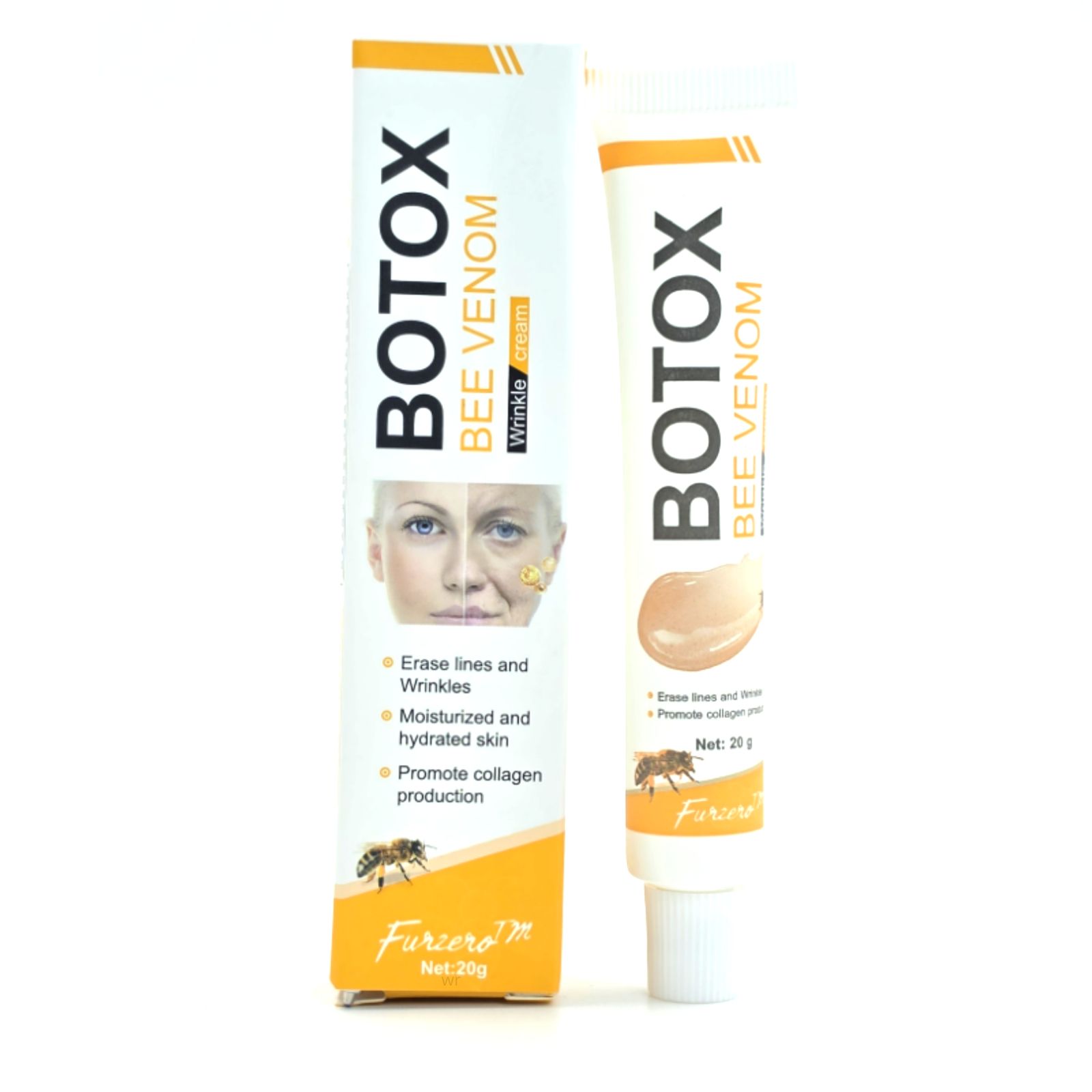 Tube und Kartonverpackung für Botox Bee Venom Faltencreme, 20g.