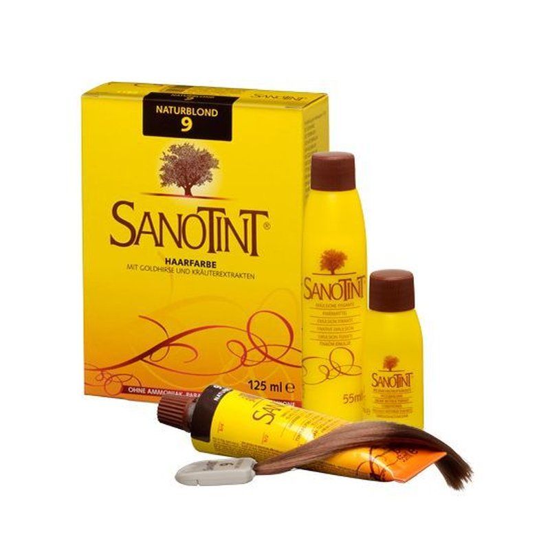 Haarfarbe-Set. Enthält Schachtel, Flaschen und Tube. Aufschrift: Sanotint, Naturblond 9. Mit Goldhirse und Kräuterextrakten.