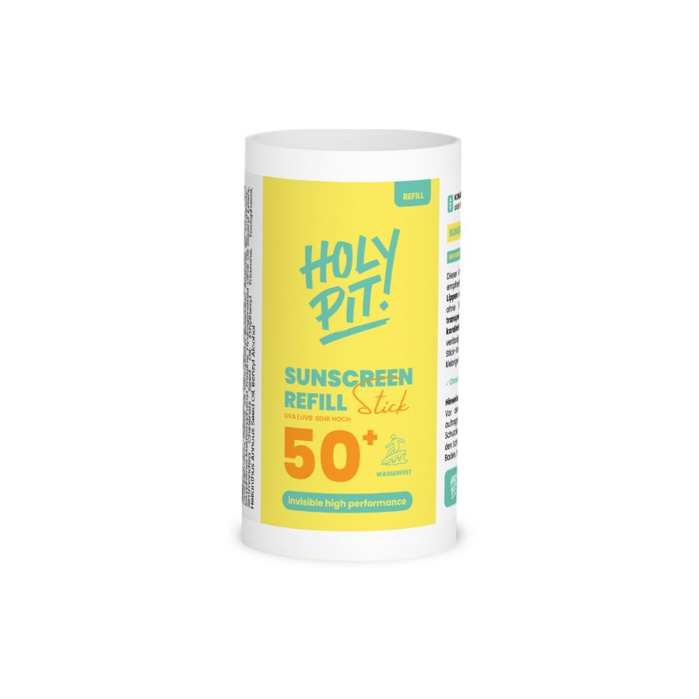 Gelbe Produktverpackung mit Text: Sunscreen Refill Stick 50+.