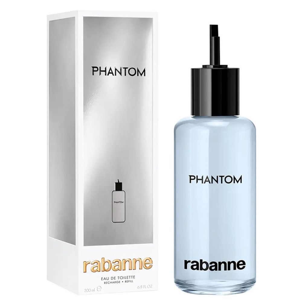 Hellblaue Flasche mit schwarzem Verschluss und weißer Aufschrift Phantom. Daneben eine weiße Schachtel mit Phantom-Logo.