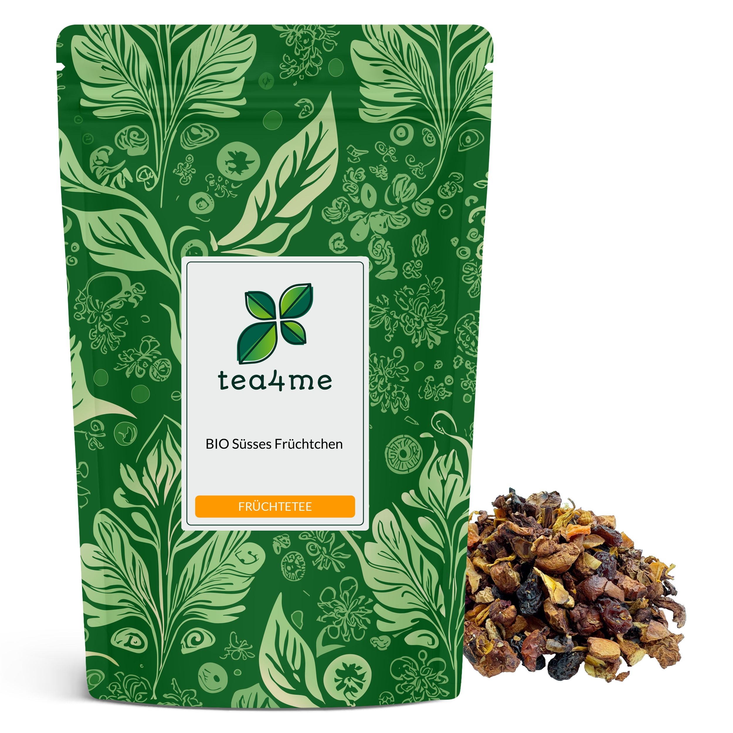 Grüner Beutel mit floralem Muster und Produktetikett. Text: tea4me BIO Süsses Früchtchen Früchtetee. Daneben loser Tee.
