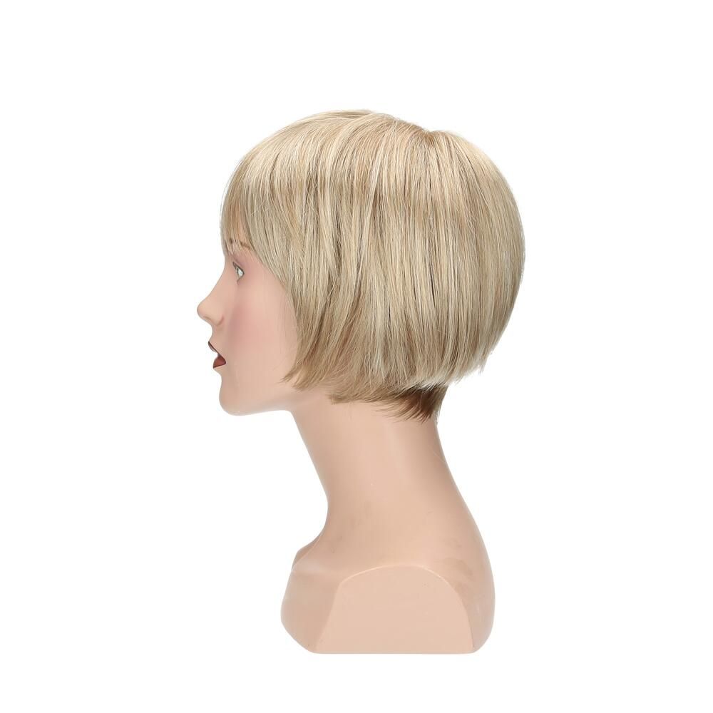 Blonde Perücke mit kurzem Schnitt, Seitenansicht auf einer Büste.
