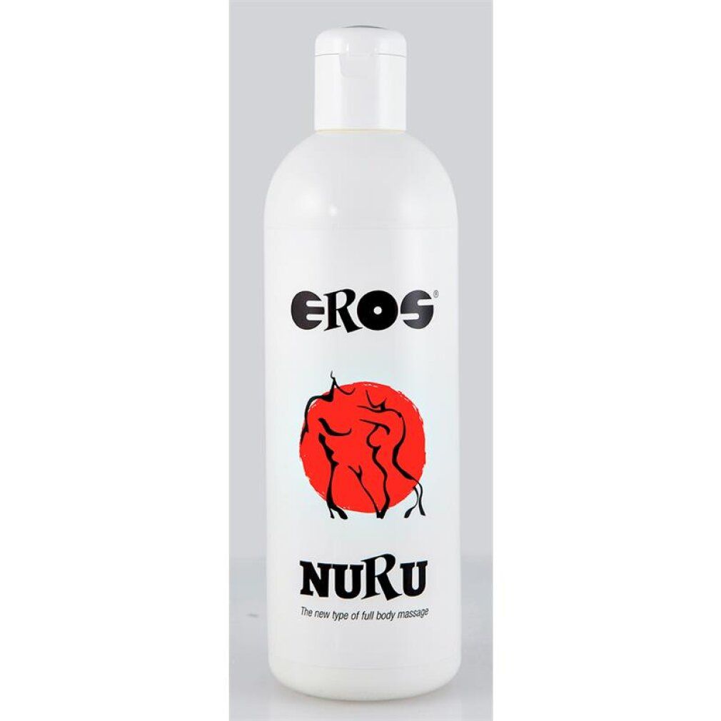 Weiße Flasche mit EROS NURU Logo und stilisierten Figuren.