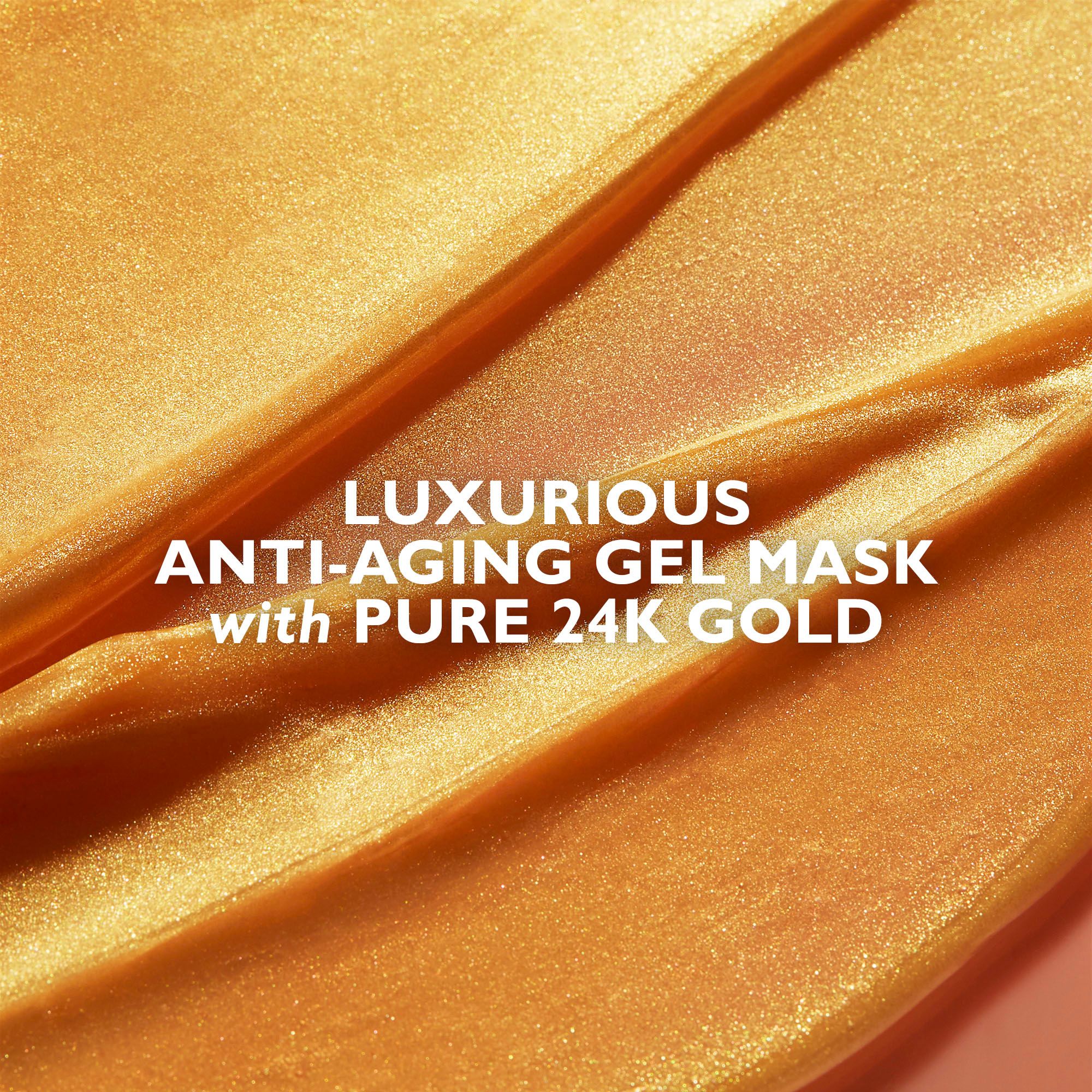 Nahaufnahme einer goldenen Gesichtsmaske. Text: Luxuriöse Anti-Aging-Gel-Maske mit reinem 24K Gold.