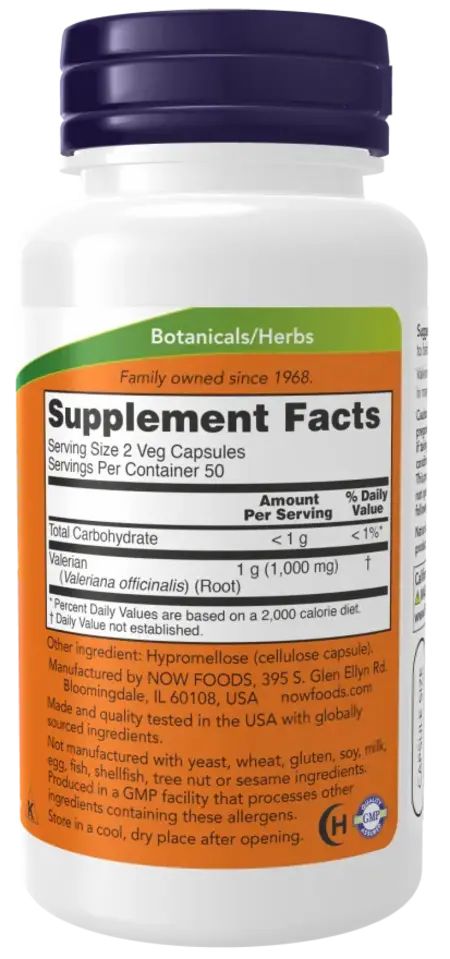 Rückseite der Flasche. Aufschrift: Supplement Facts, Botanicals/Herbs. Enthält Nährwertangaben und Inhaltsstoffe. Marke: NOW.