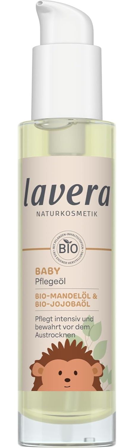 Lavera Baby Pflegeöl-Flasche mit Spender. BIO-Siegel, Text: Baby Pflegeöl, Bio-Mandelöl & Bio-Jojobaöl, Pflegt intensiv und bewahrt vor dem Austrocknen.