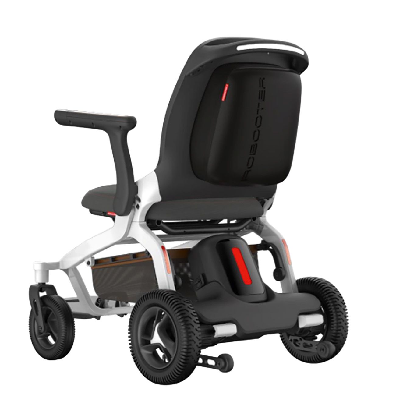 Elektrorollstuhl, Rückansicht. Schwarze Sitzfläche, rotes Rücklicht, graue Räder. Marke 'e-scooter' sichtbar.