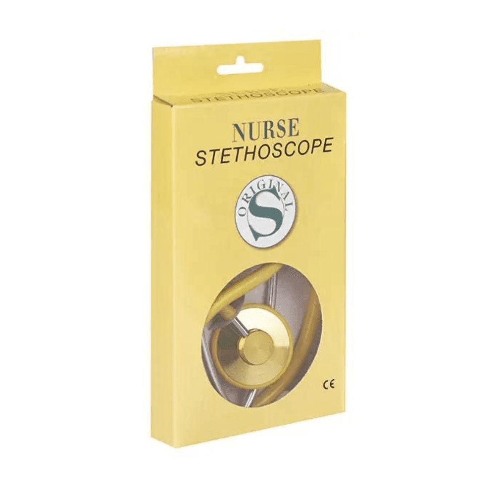 Stethoskop in gelber Verpackung. Aufschrift: Nurse Stethoskop. Sichtbar: Bruststück, Ohroliven, Schlauch. CE-Zeichen.