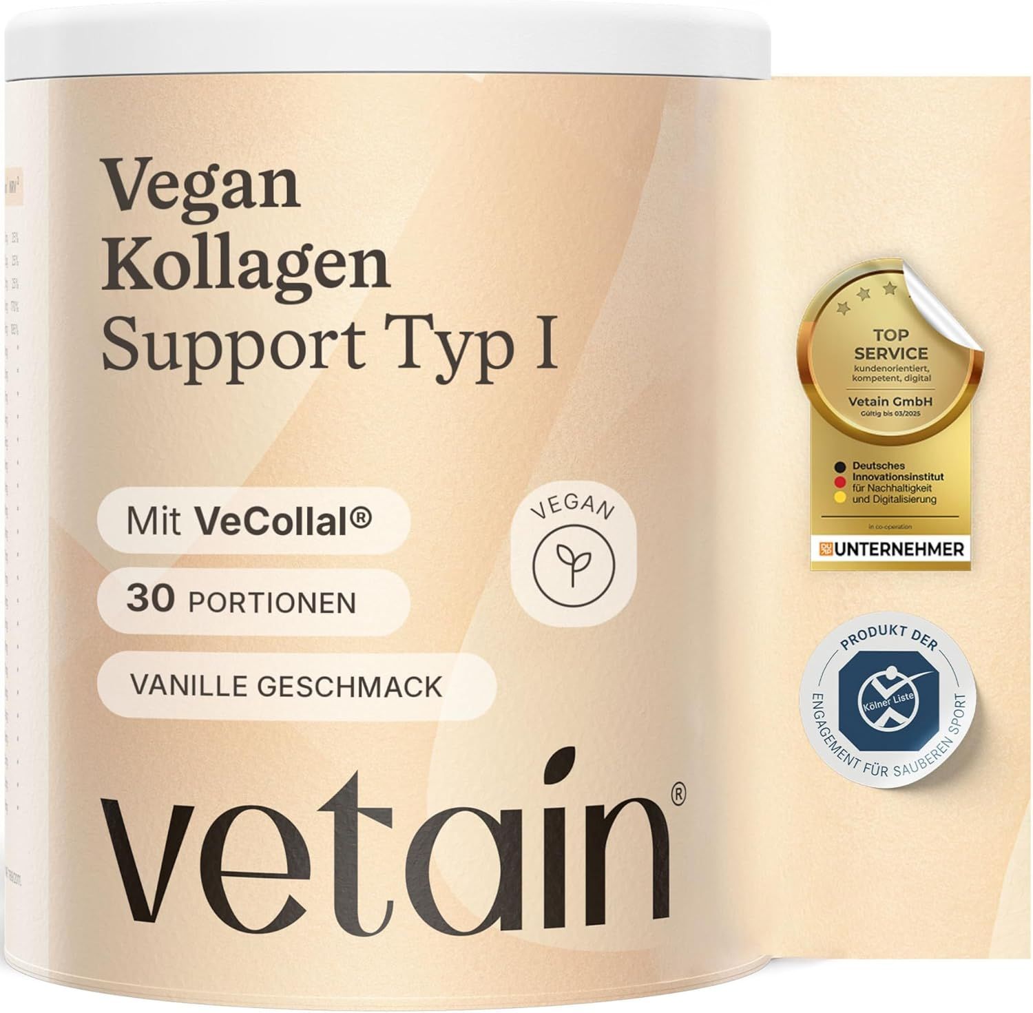 VETAIN Kollagen Pulver Vegan - Mit VeCollal®, Vitamin C, Zink, Biotin & Ginseng - Typ 1
