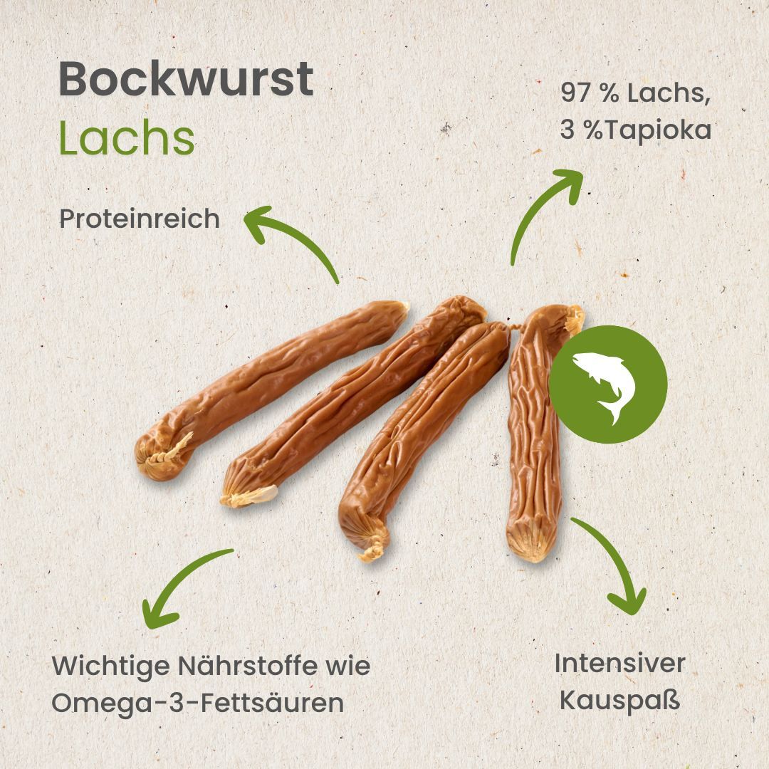 Bockwurst Lachs: 97% Lachs, 3% Tapioka, proteinreich, Omega-3-Fettsäuren, intensiver Kauspaß.