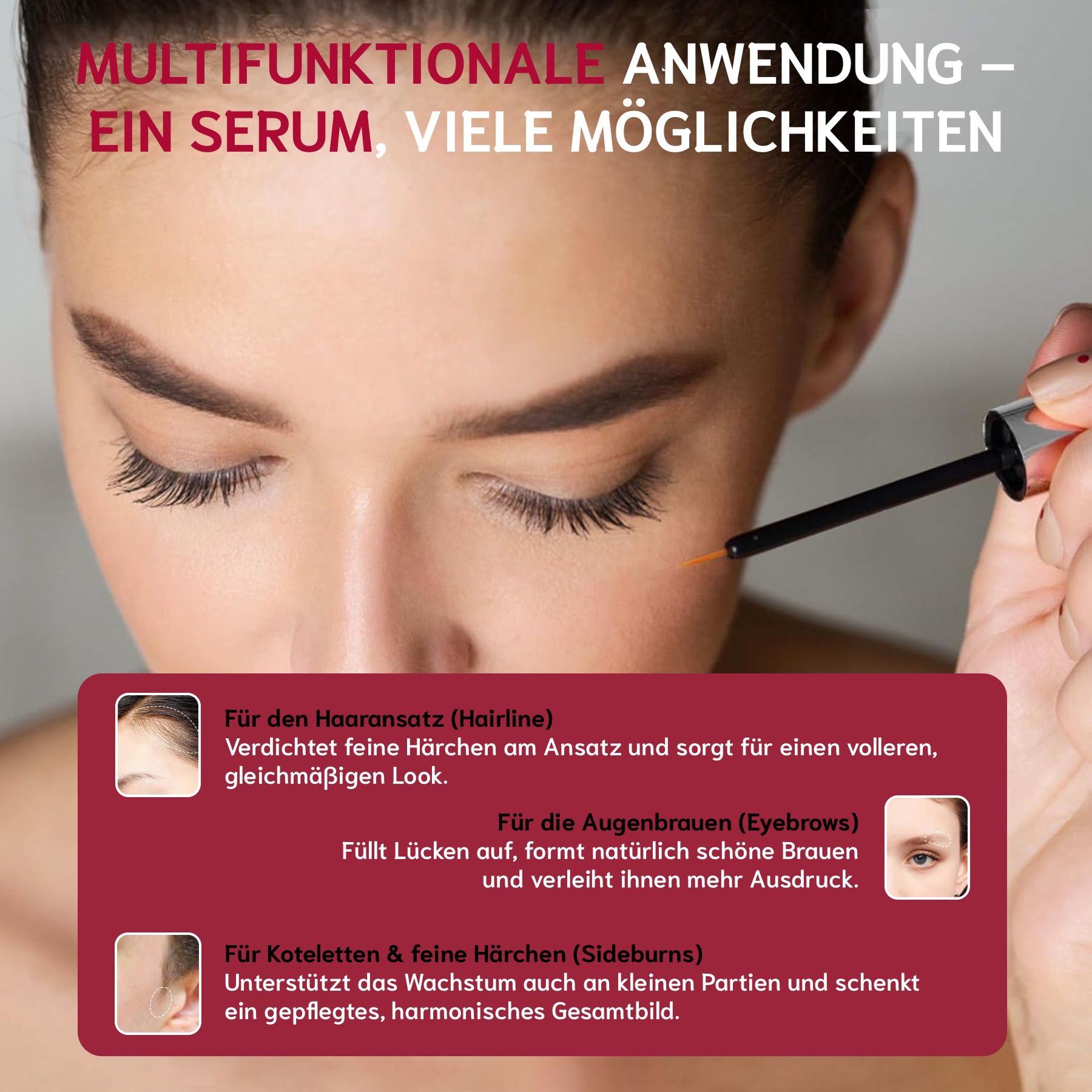 Das Produkt und seine Inhaltsstoffe. Auf dem Fläschchen steht "Eyelash Essence Liquid".