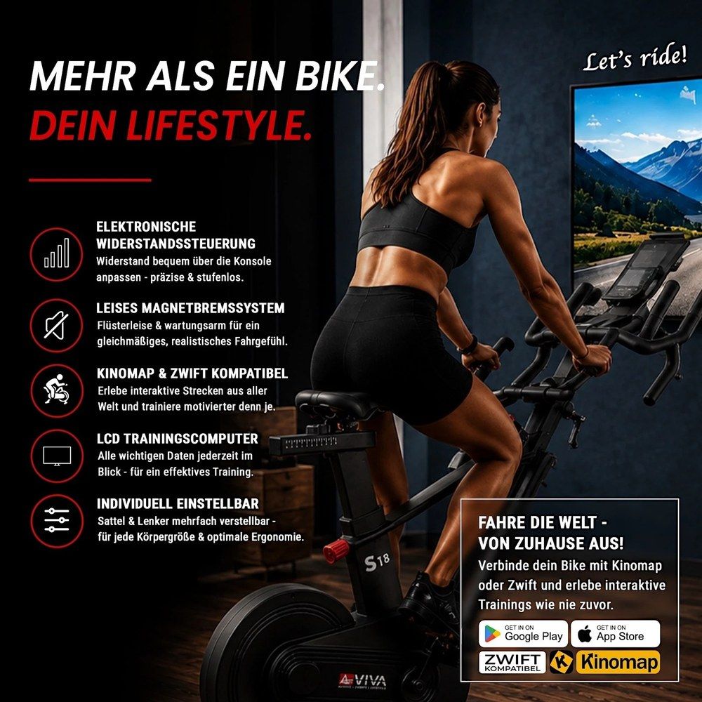 Frau auf Speedbike vor großem Bildschirm mit Landschaft. Text: "Mehr als ein Bike. Dein Lifestyle."