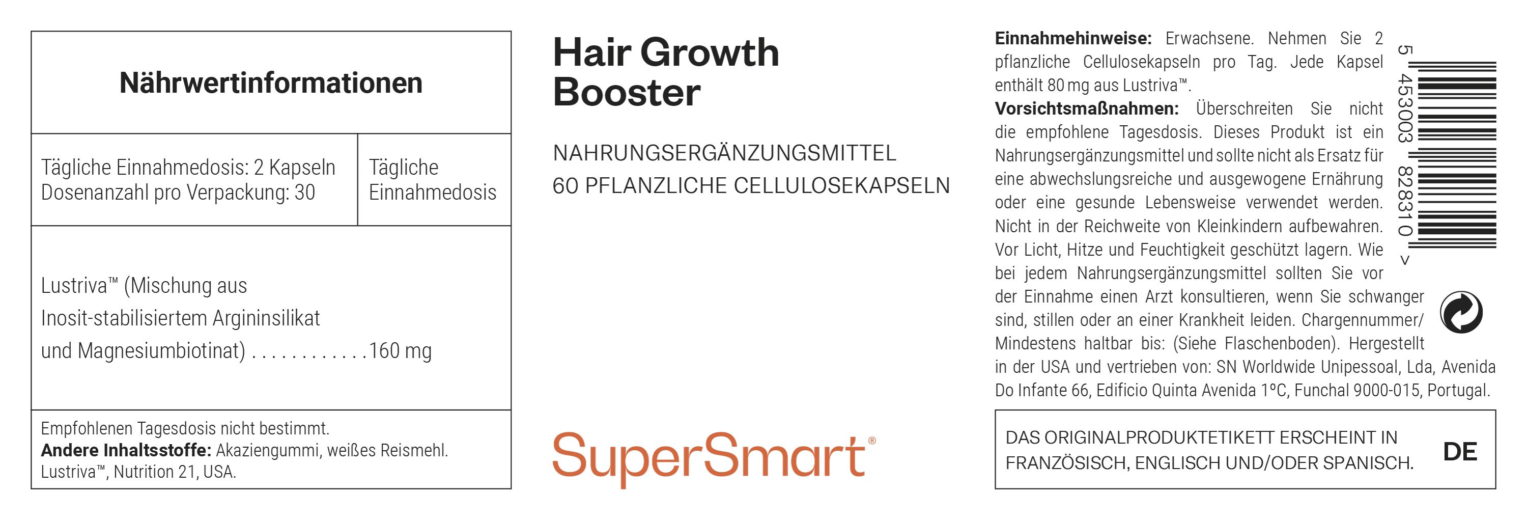 Etikett mit Informationen zu einem Nahrungsergänzungsmittel. Text: Hair Growth Booster, 60 pflanzliche Zellulosekapseln. Marke: SuperSmart. Inhaltsstoffe und Dosierung.