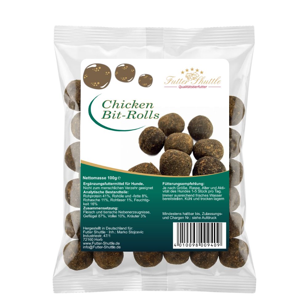 Klare Plastikverpackung mit Hundesnacks. Aufdruck: Chicken Bit-Rolls, Futter Shuttle. Sichtbar sind mehrere Snacks. Text in Deutsch.