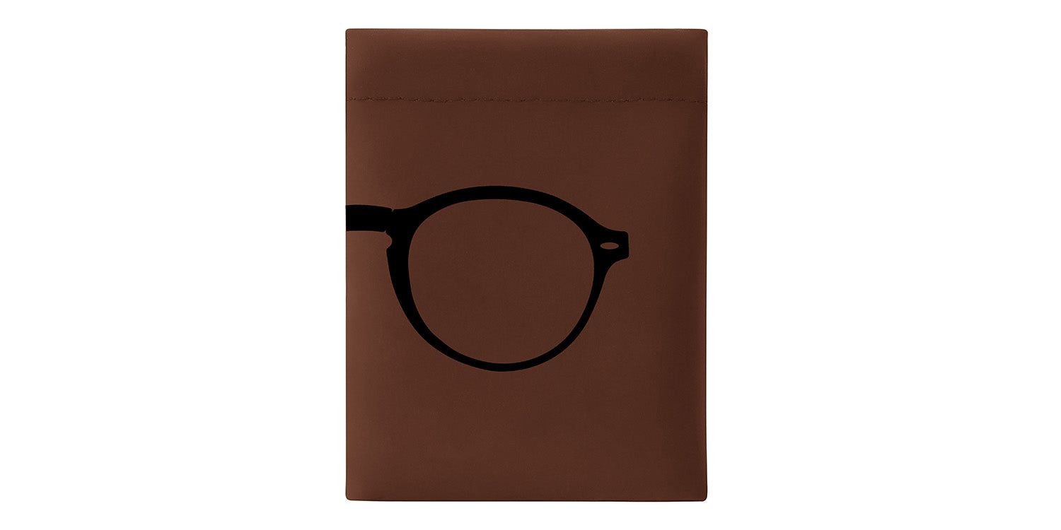 Braune Hülle mit schwarzer Brillen-Silhouette. Montana Eyewear Logo.