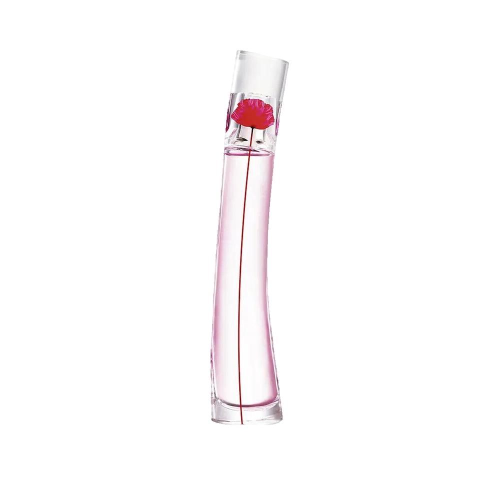 Parfümflakon mit roter Blume. Glasflakon mit rosa Flüssigkeit. Rote Blume am Flakondeckel. Schlanke, geschwungene Form.