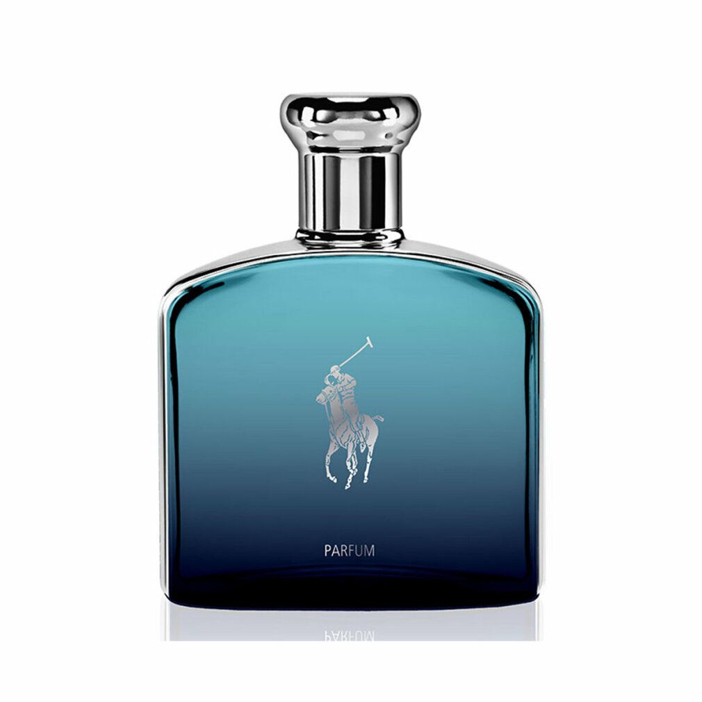 Blaues Parfumflakon mit silbernem Verschluss. Logo mit Reiter auf Pferd. Schriftzug: Parfum.