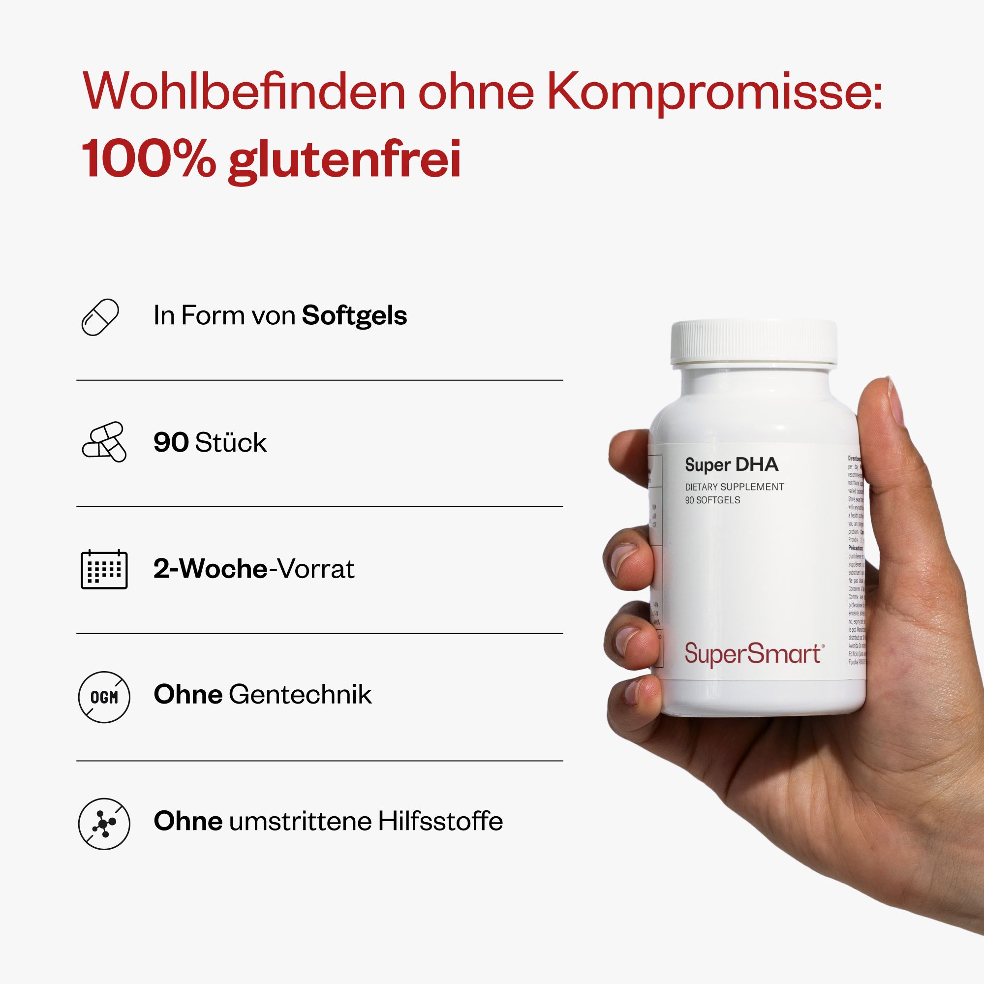 Hand hält eine weiße Flasche Super DHA, 90 Softgels. Marke SuperSmart. Text: 100% glutenfrei, 90 Stück, 2-Wochen-Vorrat.