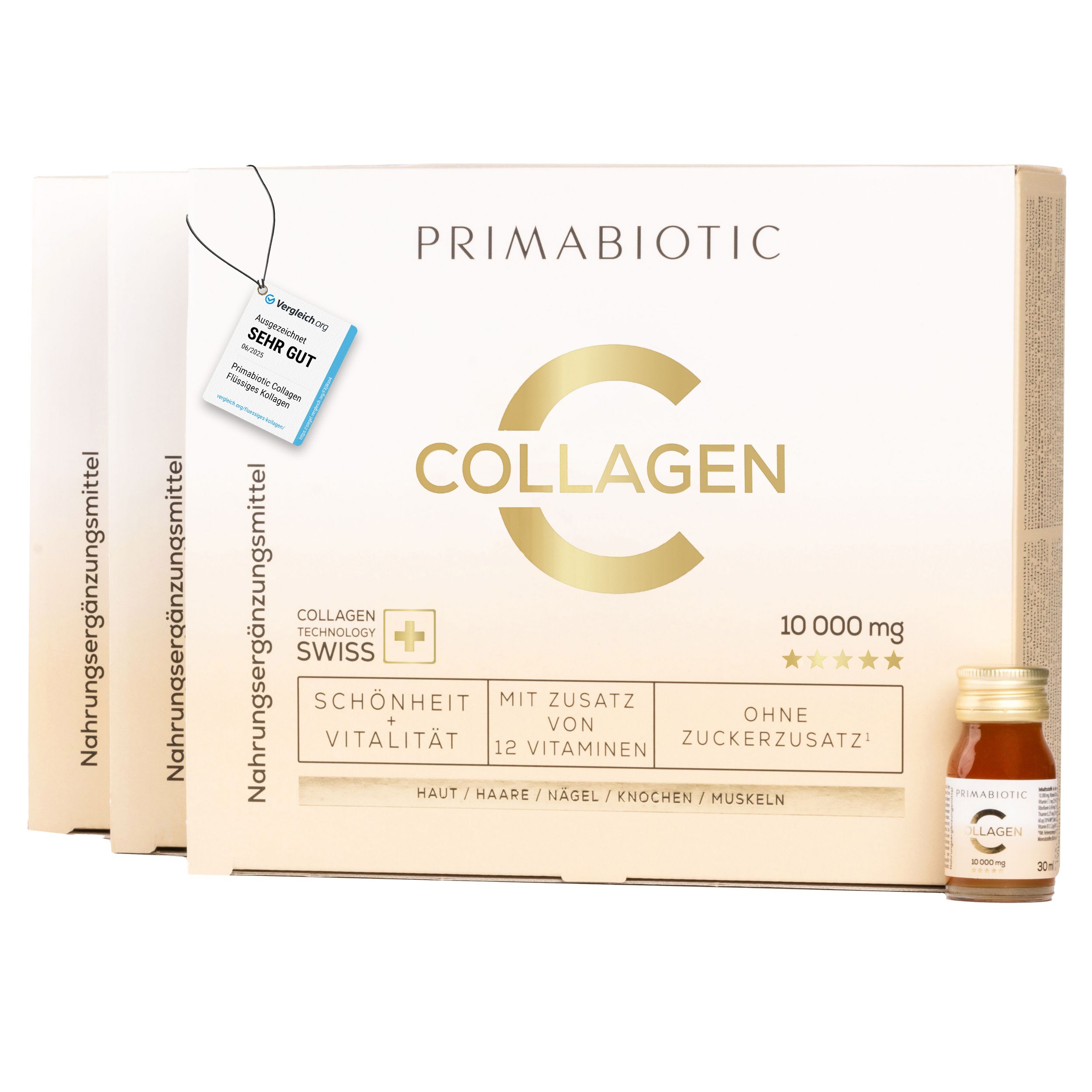 Karton mit drei Packungen Primabiotic Collagen. Eine Flasche steht daneben. Aufdruck: Collagen, 10.000 mg, ohne Zuckerzusatz.