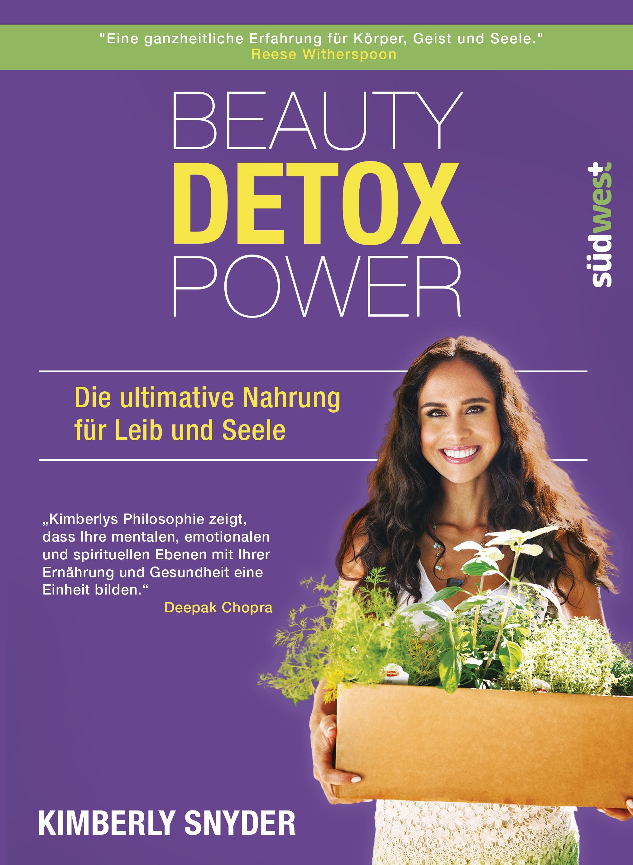 Buchcover von "Beauty Detox Power". Titel in Gelb auf lila Hintergrund. Frau hält Korb mit Pflanzen. Autorin: Kimberly Snyder.