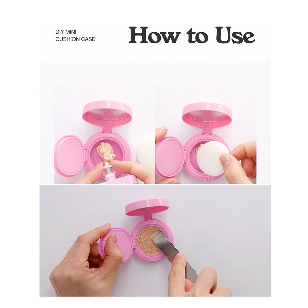Rosa Mini-Kissen-Etui, geöffnet, mit Schwamm und Applikator. Text: How to Use. Hände zeigen die Anwendung.
