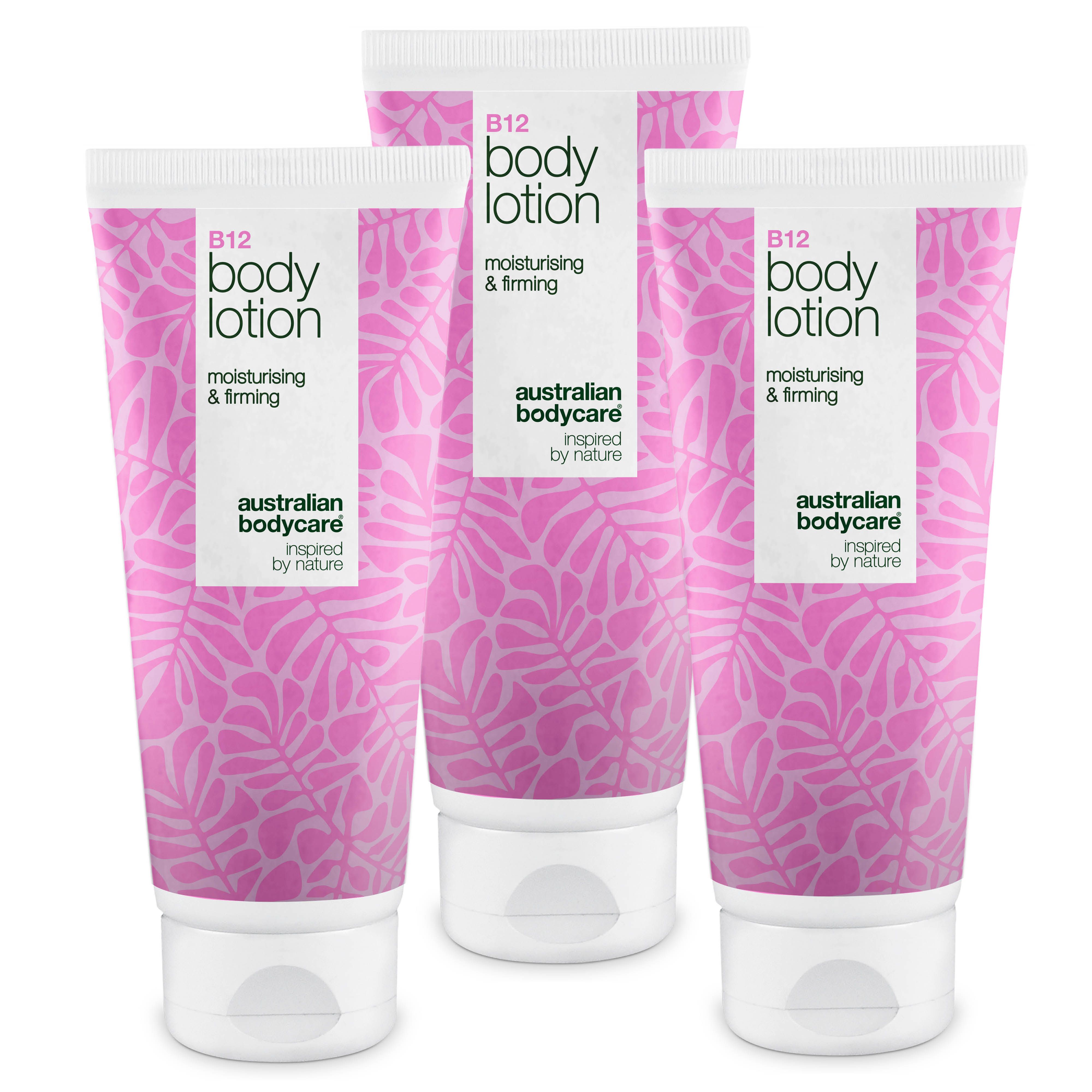 Drei Tuben Lotion. Weißer Deckel, rosa Muster, Text: B12 Body Lotion, Australian Bodycare.