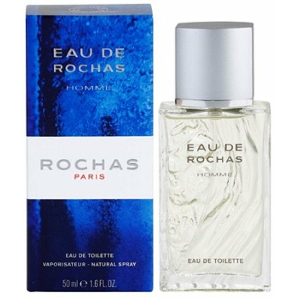 Eau de Rochas Flakon und Verpackung. Aufschrift: Eau de Rochas Homme, Eau de Toilette, 50 ml.