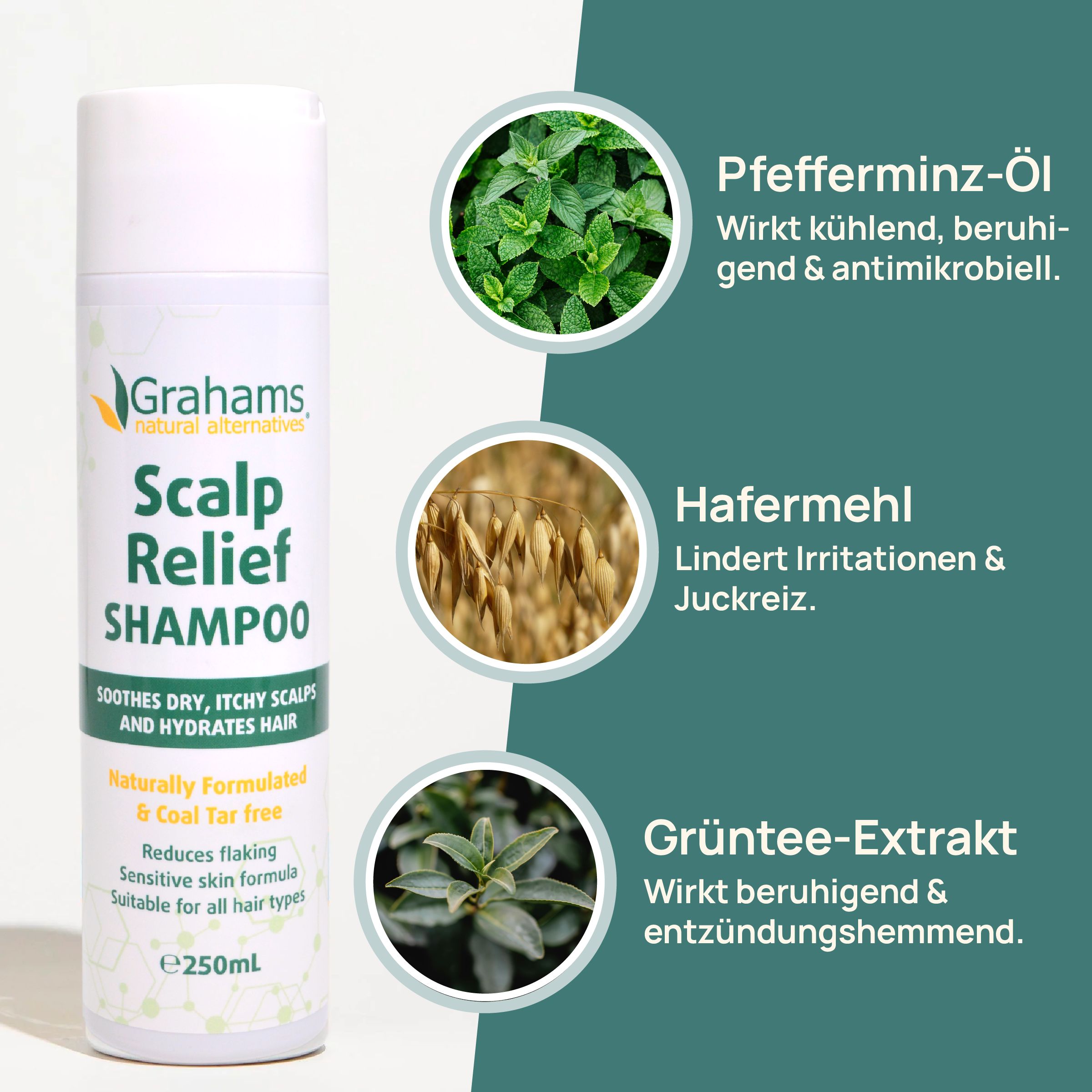 Weißes Shampoo-Flakon. Text: Scalp Relief Shampoo. Enthält Pfefferminz-Öl, Hafermehl und Grüntee-Extrakt. Reduziert Schuppen und Juckreiz.