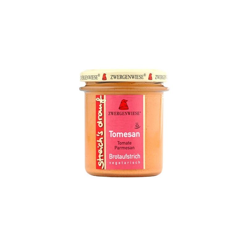 Glas mit Tomesan Brotaufstrich. Rosa Etikett mit Produktnamen und Logo. Deckel mit Markenlogo.