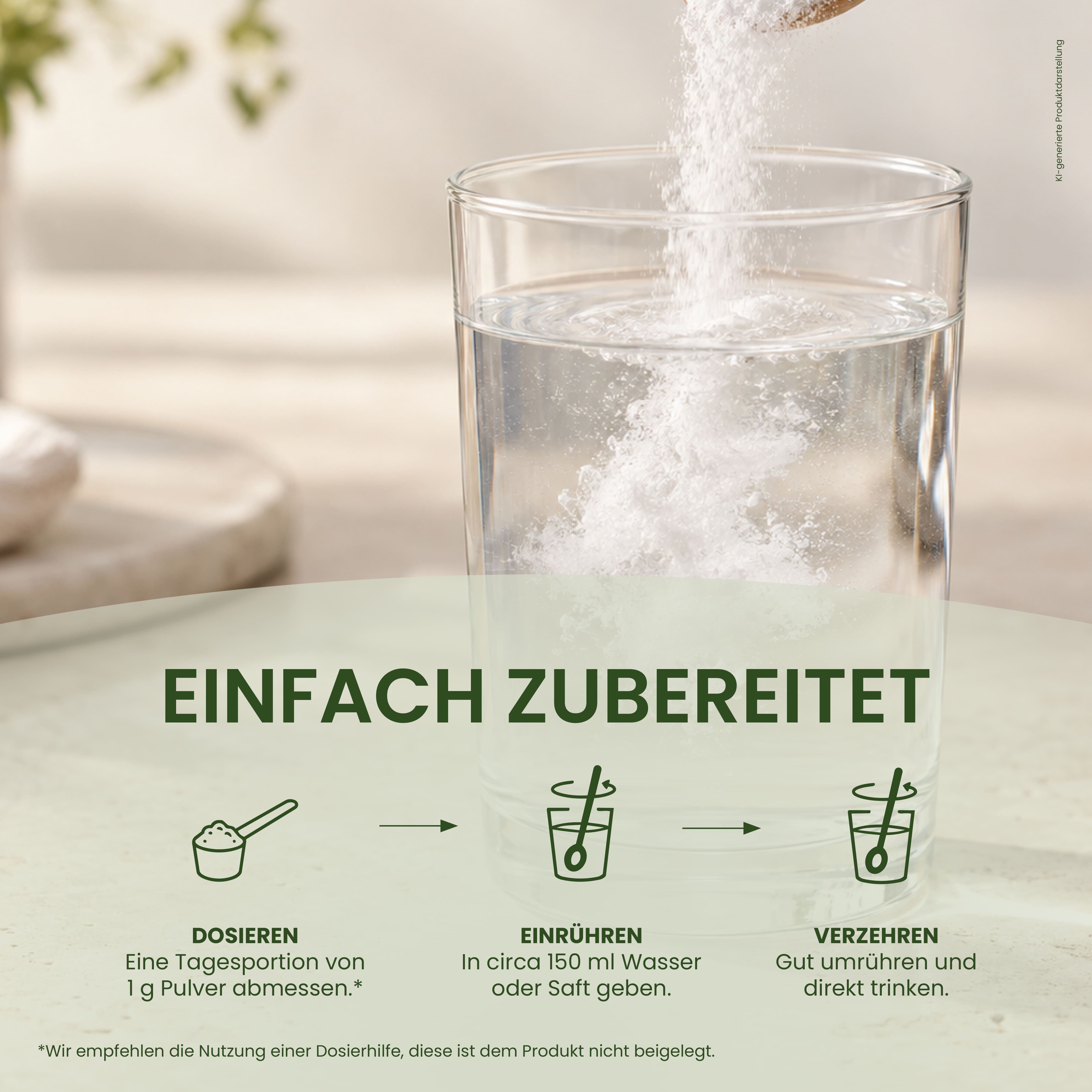 Zubereitung von L-Tyrosin Pulver: Dosieren, einrühren in Wasser oder Saft, trinken.