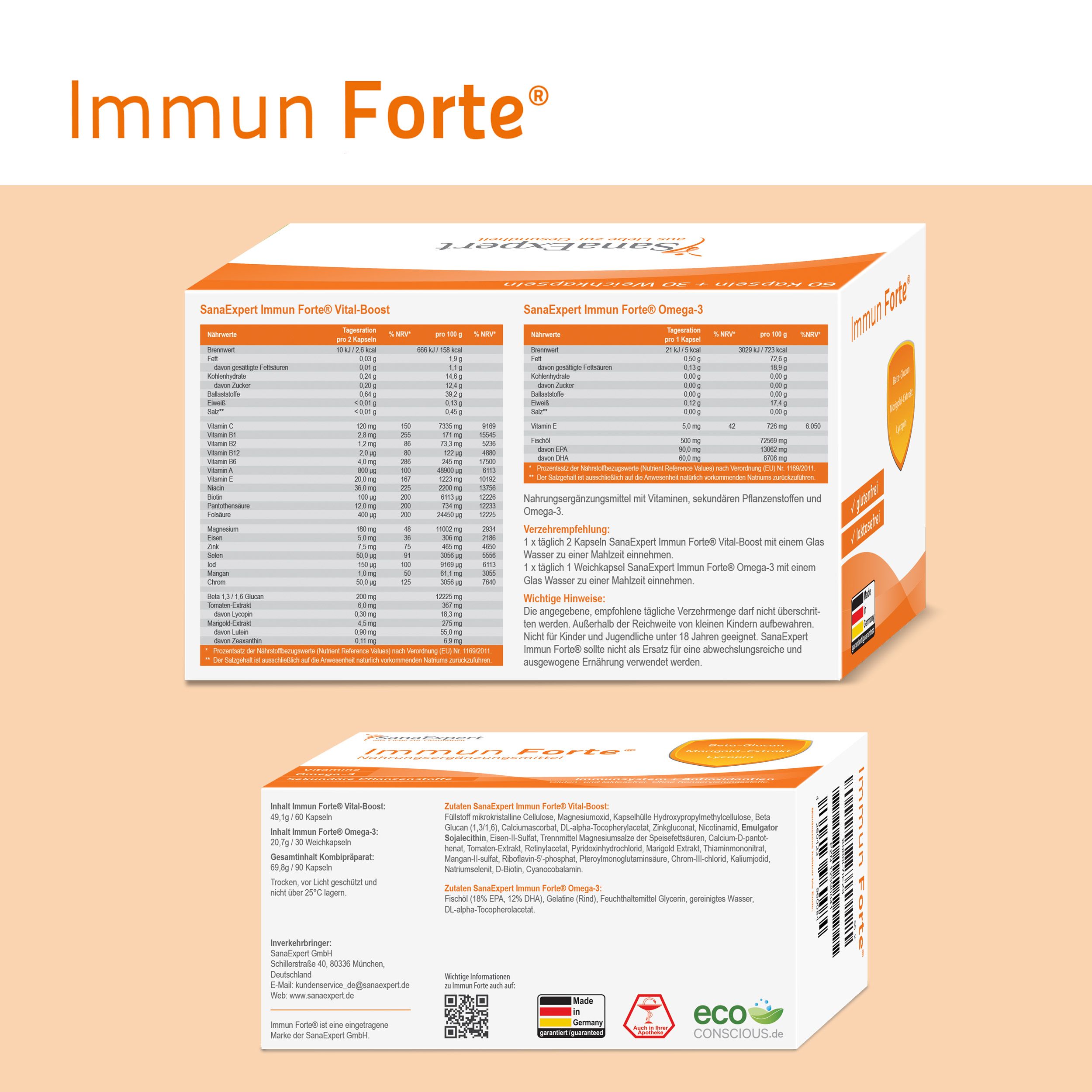 SanaExpert Immun Forte: Verpackungsansichten mit detaillierten Inhaltsstoffangaben und Siegeln.