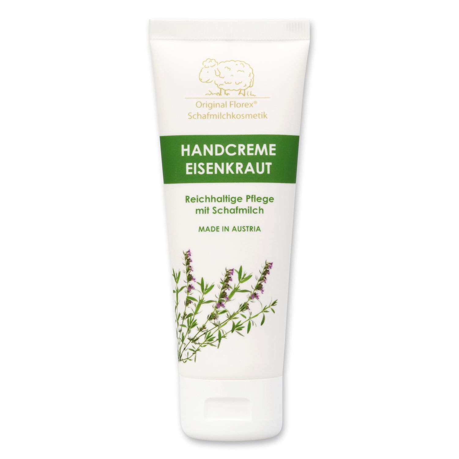 Weiße Tube Handcreme mit grünem Streifen. Aufschrift: Handcreme Eisenkraut, Schafmilch. Illustration: Schaf, Kräuter. Hergestellt in Österreich.