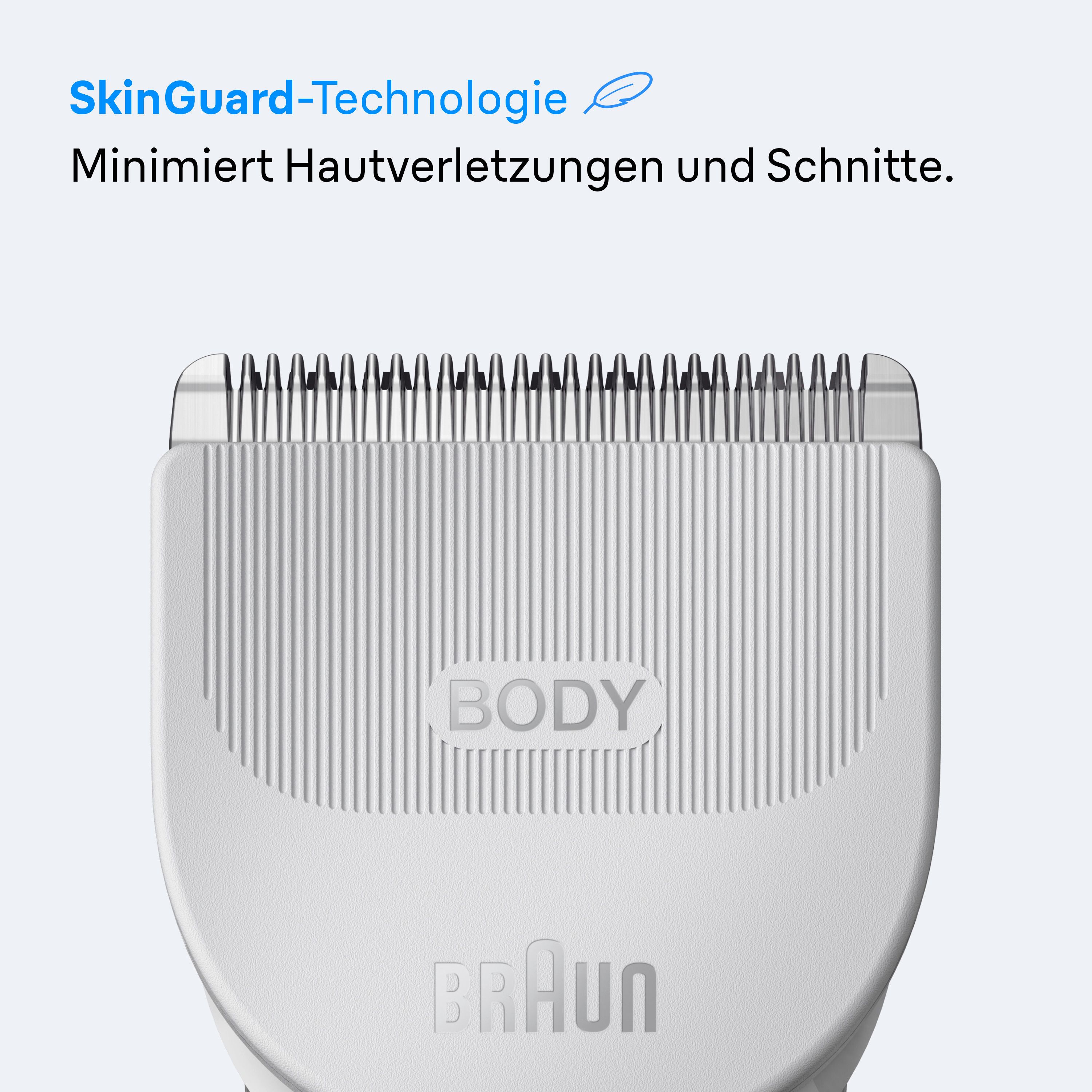 Scherkopf des Braun BG3 BodyGroomers mit SkinGuard-Technologie für minimierte Hautverletzungen.