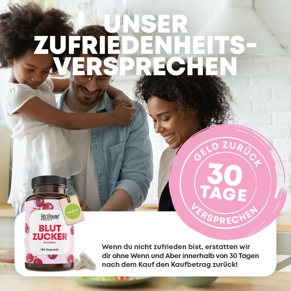 Flasche Blut Zucker Komplex neben lächelnder Familie, 30-Tage-Geld-zurück-Versprechen.