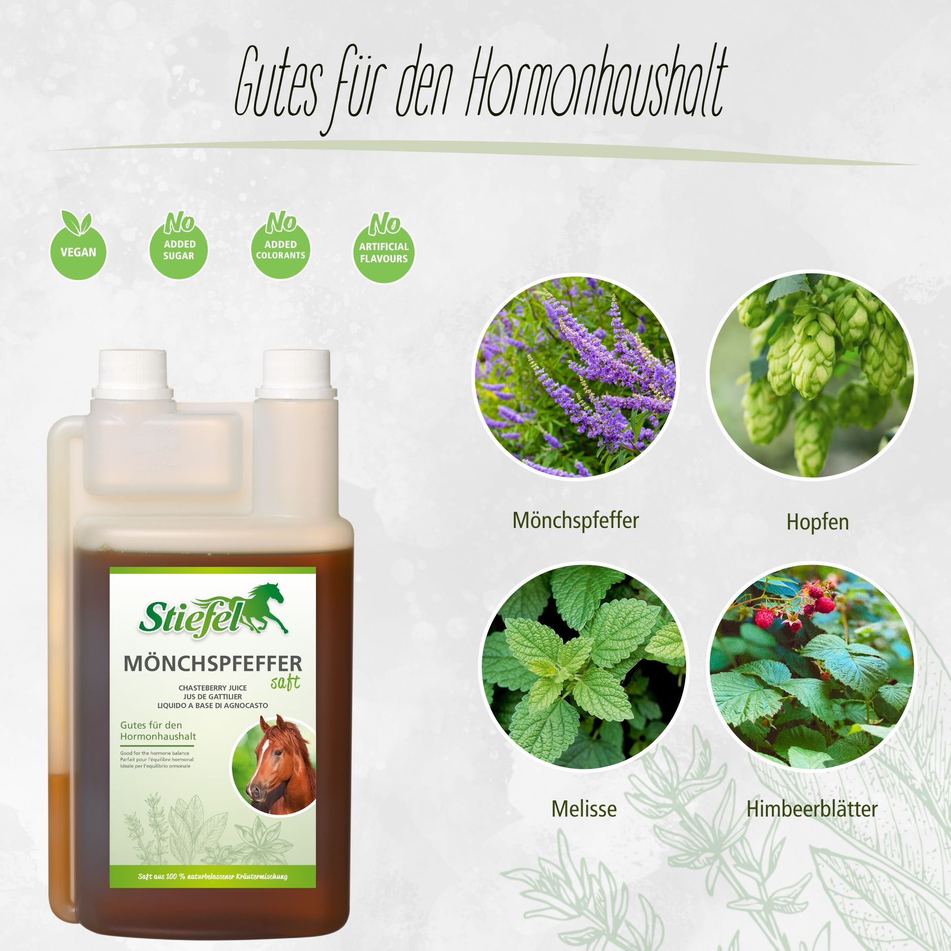 Braune Flüssigkeit in einer Flasche mit weißem Deckel. Aufschrift: Stiefel Mönchspfeffersaft. Abbildungen von Kräutern.