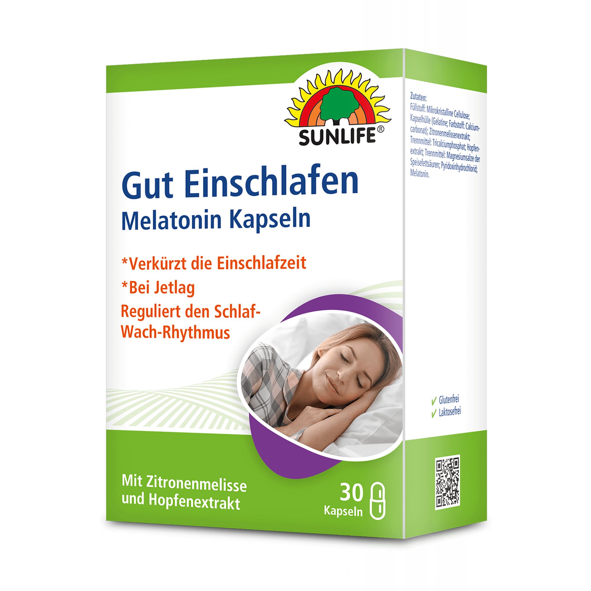 Schachtel mit SUNLIFE® Melatonin Kapseln. Aufschrift: Gut Einschlafen, 30 Kapseln. Enthält Zitronenmelisse und Hopfenextrakt.