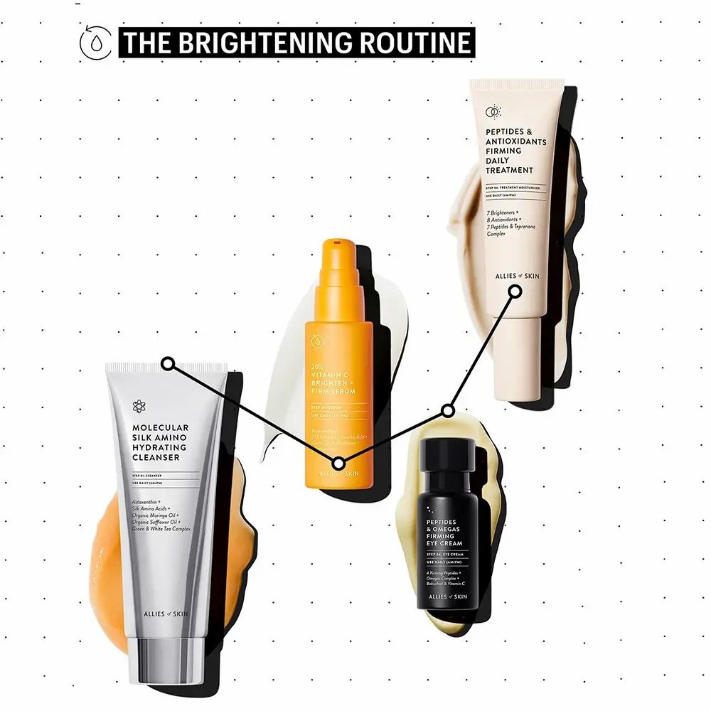 Routine mit 4 Produkten. Gelbe Flasche mit Serum. Text: 20% Vitamin C Brighten + Firm Serum. Marke: ALLIES OF SKIN.
