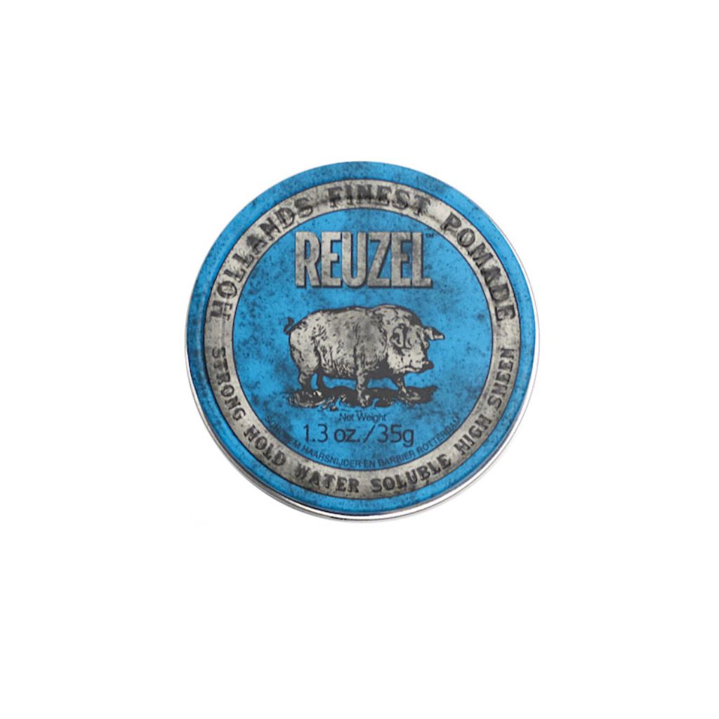 Runde, blaue Dose mit silbernem Rand. Aufschrift: Reuzel, Hollans Finest Pomade. Schweine-Illustration. 1.3 oz./35g.