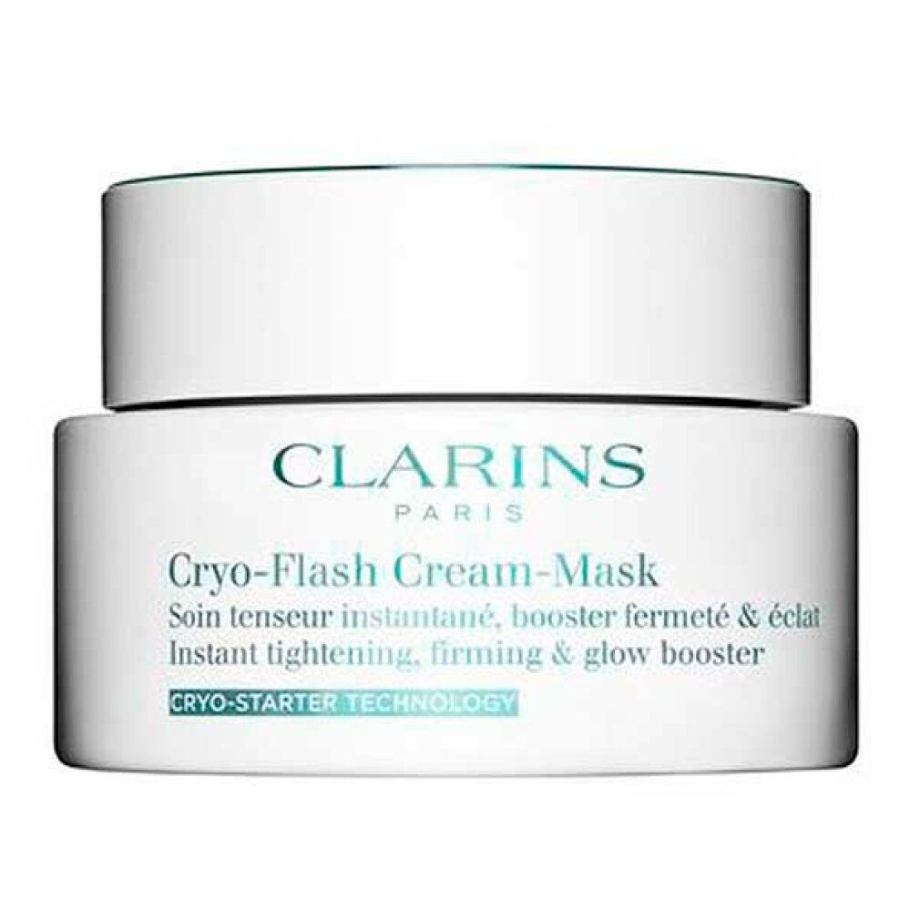 Weißer Tiegel mit Deckel. Aufschrift: Clarins, Cryo-Flash Cream-Mask. Text: Instant tightening, firming & glow booster.