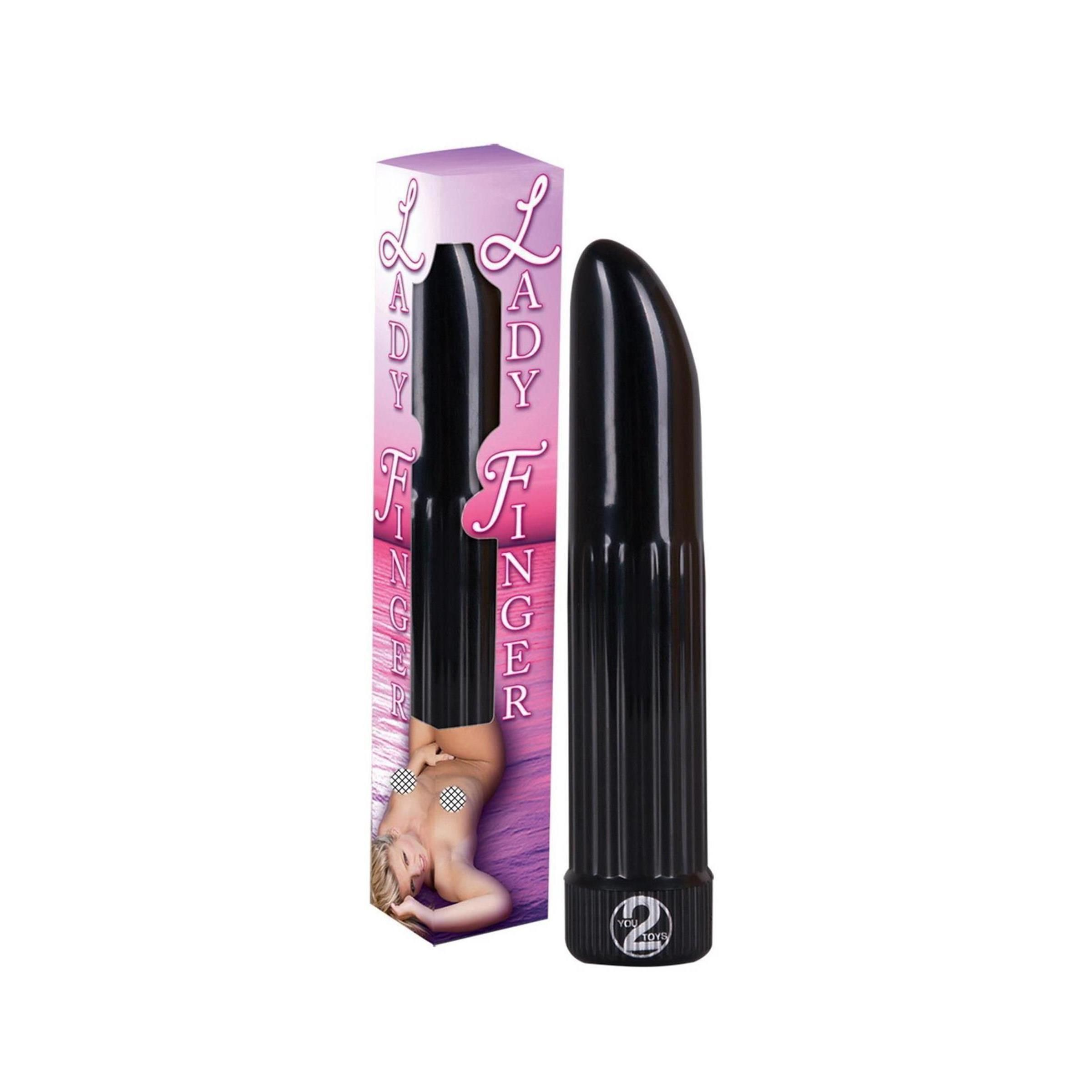 Vibrator und Verpackung. Schwarzer Vibrator mit Logo, neben einer Verpackung mit Produktnamen.