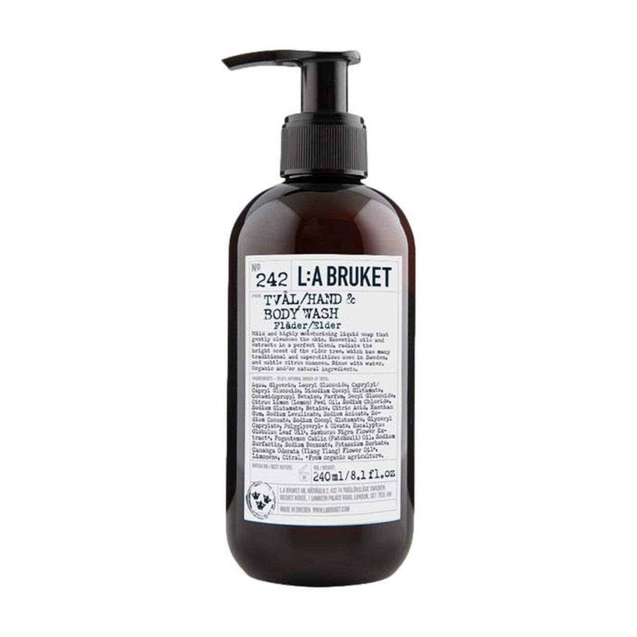 Braune Flasche mit schwarzem Pumpkopf. Aufschrift: 242 L:A Bruket, Hand & Body Wash. Volumen: 240ml.