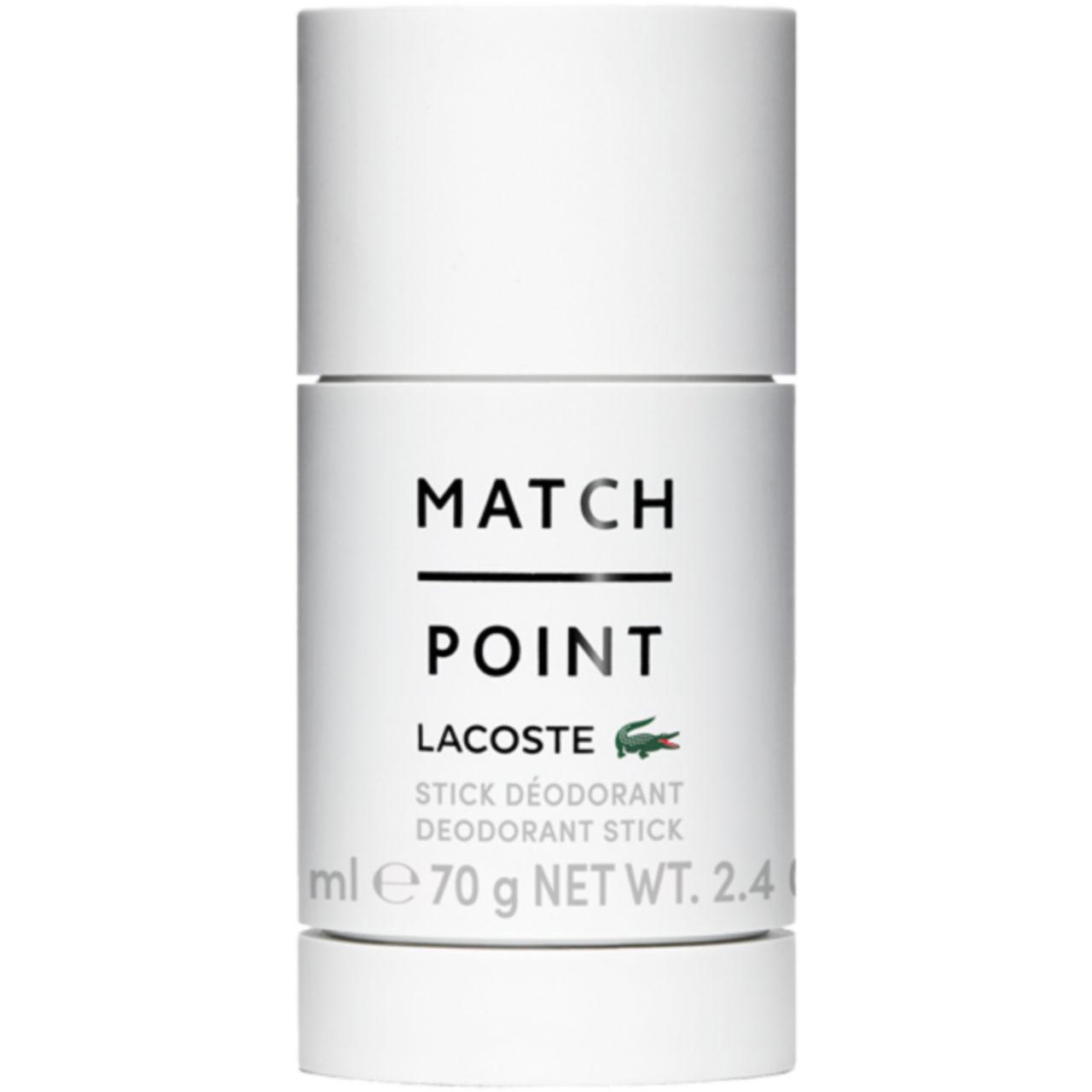 Weißer Deostift mit schwarzem "MATCH POINT"-Schriftzug und Lacoste-Logo. "STICK DÉODORANT" darunter. Unten: "ml e 70 g NET WT. 2.4"