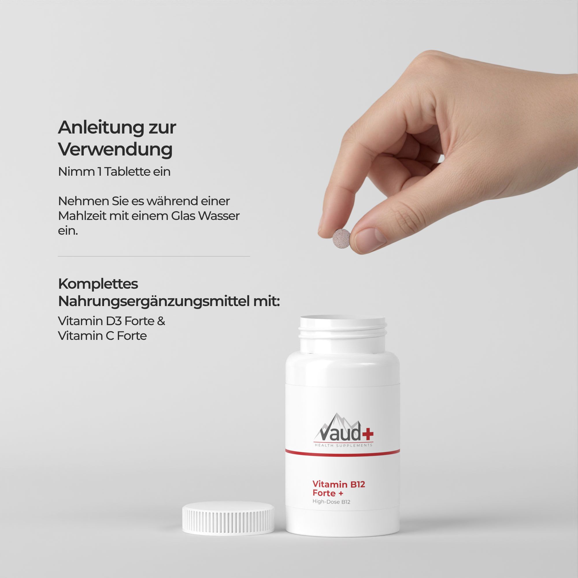 Hand legt Tablette in die Nähe einer geöffneten Flasche. Text: Anleitung zur Verwendung. Nahrungsergänzungsmittel mit Vitamin D3 & C.