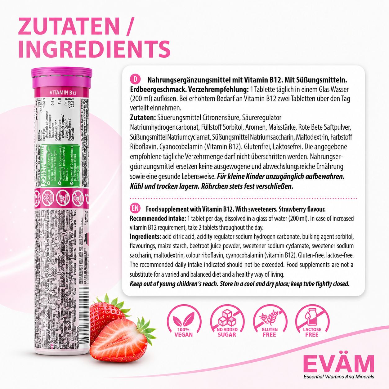 EVÄM Vitamin B12 Brausetabletten: Zutatenliste und Nährwertangaben auf Deutsch und Englisch. Beinhaltet Erdbeeren und ein veganes Siegel.